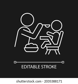 Feeding in highchair white linear icon for dark theme. Bonding with child during mealtime. Thin line customizable illustration. Isolated vector contour symbol for night mode. Editable stroke