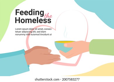 Feeding the homeless. Support of people in need. Helping hand for the poor or refugees. Design for charity, volunteer organization. Template for flyer. Vector illustration