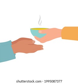 Feeding the homeless.Help and support. Hands with a soup in the plate.Giving Food to the Hungry concept Isolated vector illustration.