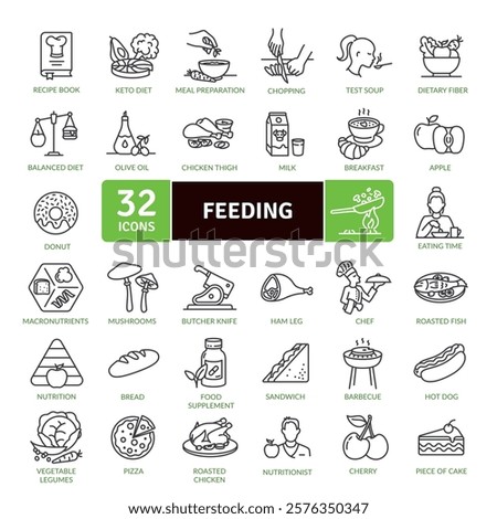 Feeding icon pack selection. Feeding healthy and delicious icon set of recipes, meal and plan nutrition. 