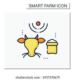 Feeding livestock color icon. Process of feeding cattle. Farm animal eating. Grazing cattle, livestock agricultural industry. Smart agriculture concept. Isolated vector illustration