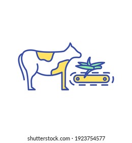 Feeding livestock RGB color icon. Agriculture technology. Grass on conveyor belt for domestic animal. Automatic machinery to deliver hay for cattle. Farming equipment. Isolated vector illustration