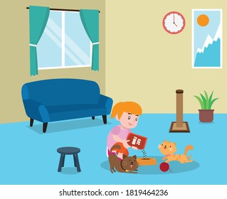 Feeding pet vector concept: Little girl feeding her cats at home