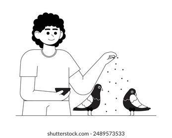 Feeding pigeons, kid and pet vector illustration.
