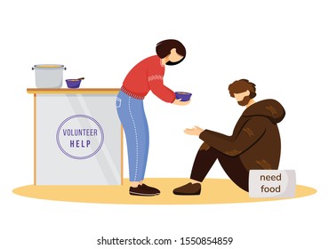 Feeding Poor Flat Vector Illustration. Selfless Volunteer And Homeless Man Isolated Cartoon Characters On White Background. Young Humanitarian Serving Free Meals. Philanthropy, Charity Concept