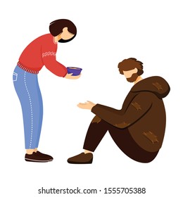 Feeding Poor Flat Vector Illustration. Selfless Volunteer And Homeless Man Isolated Cartoon Characters On White Background. Young Humanitarian Serving Free Meals. Philanthropy, Charity Design Element