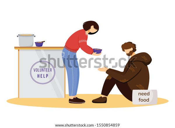 Feeding\
poor flat vector illustration. Selfless volunteer and homeless man\
isolated cartoon characters on white background. Young humanitarian\
serving free meals. Philanthropy, charity\
concept
