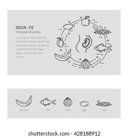 Feeding pregnant. Vector set in the trendy linear style. The concept of healthy eating. Prenatal vitamins. The template is easily customizable