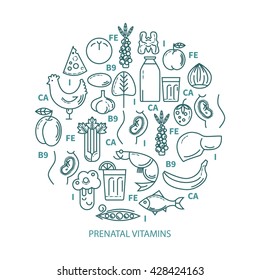 Feeding pregnant. Vector set in the trendy linear style. The concept of healthy eating. Prenatal vitamins. The template is easily customizable