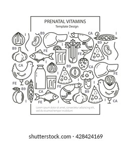 Feeding pregnant. Vector set in the trendy linear style. The concept of healthy eating. Prenatal vitamins. The template is easily customizable