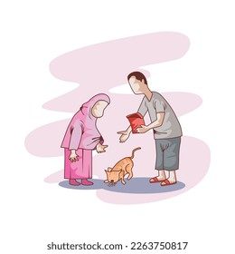 Feeding stray cats on the street