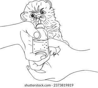 Feeding Tiny Kitten: One Line Cartoon Vector Illustration, Little Cat Drinking Milk: Vector Drawing of a Kitten, Hand-Feeding a Rescued Baby Cat: Nursing Bottle Illustration