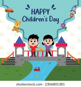 Feeds Happy Children Day's Hand Drawn River and Bridge Illustration