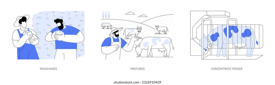 Feeds for livestock abstract concept vector illustration set. Roughages and pastures, concentrate feeder, herd of livestock at ranch, cows eating grass, hays and silages in farming abstract metaphor.