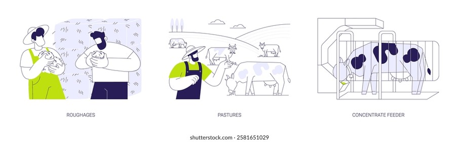 Feeds for livestock abstract concept vector illustration set. Roughages and pastures, concentrate feeder, herd of livestock at ranch, cows eating grass, hays and silages in farming abstract metaphor.