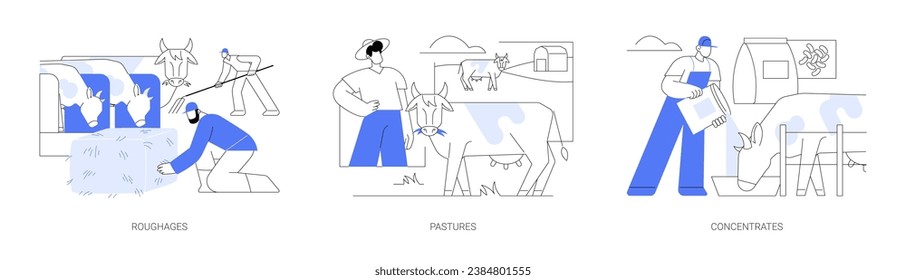 Feeds for livestock isolated cartoon vector illustrations set. Group of farmers with pasture forages, using roughages, cows eating grass in the pasture, feeding with concentrates vector cartoon.