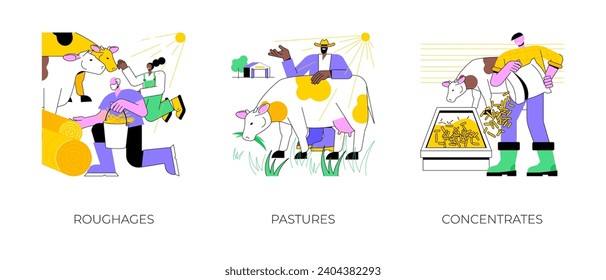 Feeds for livestock isolated cartoon vector illustrations set. Group of farmers with pasture forages, using roughages, cows eating grass in the pasture, feeding with concentrates vector cartoon.
