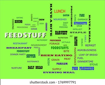 Feedstuff text presented in white color with multiple related words on green background vector abstract background.