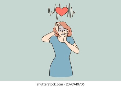 Feeing Heart Burn And Panic Concept. Young Stressed Shocked Woman Cartoon Character Standing Touching Face Feeling Panic Vector Illustration 