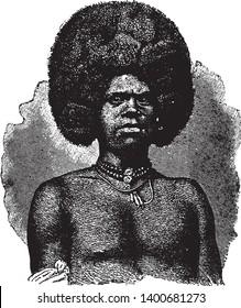 Feejee Chief is the leader of a tribe of cannibals in Polynesia, vintage line drawing or engraving illustration.