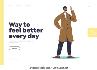 Feel better every day concept of landing page with happy man showing okay gesture. Positive and satisfied male hipster hold agree ok sign with cheerful smile. Cartoon flat vector illustration