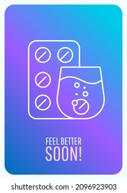 Feel better soon blue gradient postcard with linear glyph icon. Greeting card with decorative vector design. Simple style poster with creative lineart illustration. Flyer with holiday wish