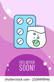 Feel better soon greeting card with color icon element. Get well. Recuperate quick. Postcard vector design. Decorative flyer with creative illustration. Notecard with congratulatory message