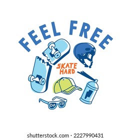 Feel Free.Fun t-shirt design for kids.Skateboard, helmet, cap, sunglasses drawing.Vector illustration design for fashion fabrics, textile graphics, print.