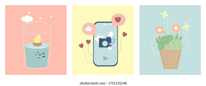 Feel good illustration set in optimistic concept, flower pot, smartphone, boat in glass.