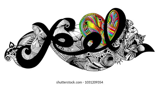 Feel. Hand drawn typography design with colorful batik elements isolated on white background. Vector illustration