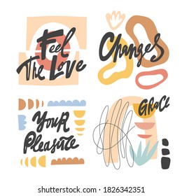 Feel the love, changes, your Pleasure, Grace vector logo set. Hand drawn lettering logo set for social media content
