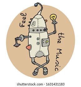 Feel the Music, Cute robot machine dancing at party, hand drawn doodle, vector illustration