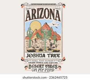 Feel the sunset. Arizona desert vibes graphic print for fashion and others. Cactus and Joshua tree. Mountain  graphic print artwork for apparel, t shirt, sticker, poster, wallpaper and others. 