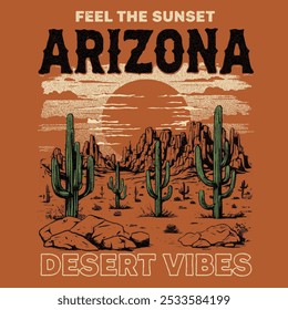 Sinta o pôr do sol. Arte de montanha. Arte gráfica do deserto do Arizona. Cactus retro gráfico t-shirt design