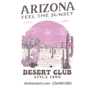 Feel the sunset. Mountain artwork. Pink cactus wild adventure. Arizona desert graphic print artwork for apparel, t shirt, sticker, poster, wallpaper and others. 