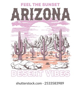 Feel the sunset. Mountain artwork. Pink cactus wild adventure. Cactus vintage artwork. Desert adventure t-shirt design. Arizona desert vibes vector graphic print. Arizona desert graphic print artwork 