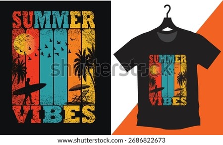Feel the sunshine with this Retro Summer Vibes T-shirt! Perfect for surfers and beach lovers. Vintage sunset design with palm trees brings the perfect summer mood to your outfit.