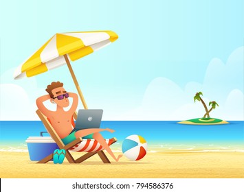 Feelancer on the beachworking and rilaxing. Business Man Remote Work Place. Businessman at the beach.