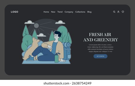 Feel-good moments are captured in this illustration featuring a person enjoying fresh air with a dog in a serene outdoor setting. The joyful atmosphere promotes relaxation and connection with nature.