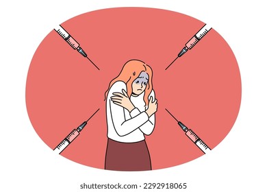 Feeling afraid of infections concept. Stressed scared afraid girl standing feeling panic covering shoulders with syringe pointing at her vector illustration