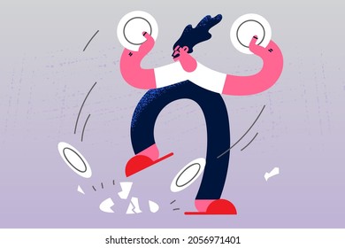 Feeling aggressive and furious concept. Young angry rage furious woman cartoon character standing breaking plates feeling anger stressed mad crazy vector illustration