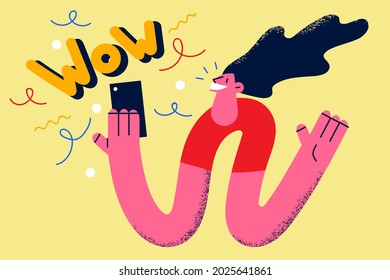 Feeling amazed with online information concept. Young smiling female cartoon character feeling amazed with wow lettering looking at smartphone screen vector illustration 