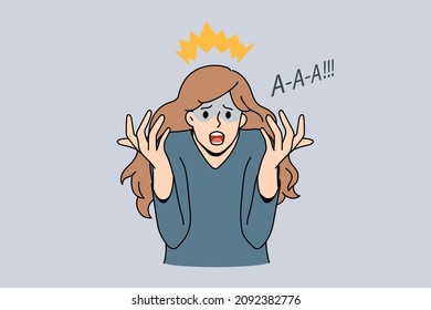 Feeling angry and aggressive concept. Young furious woman shouting with loud sound from mouth feeling stressed and rage vector illustration 