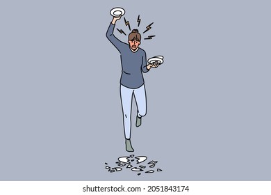 Feeling Angry And Furious Concept. Young Angry Rage Furious Woman Cartoon Character Standing Breaking Plates Feeling Anger Vector Illustration 