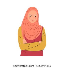 sintiéndose enojado, loco, con expresiones fastidiadas. Mujer joven con los brazos cruzados. Ilustración moderna de vector dibujada a mano.