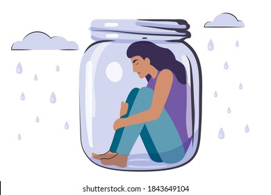 Feeling anxious Introverted teenager girl alone Personal space concept Introvert is sitting and immersed in his inner spiritual world in a mothballed bank Stay home Self isolation Vector illustration