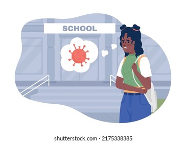 Feeling anxious at school after pandemic 2D vector isolated illustration. Nervous student flat character on cartoon background. Colourful editable scene for mobile, website. Archivo Black font used