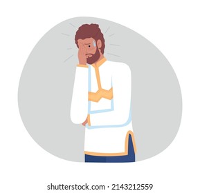 Feeling ashamed 2D vector isolated illustration. Unpleasant emotion flat character on cartoon background. Man regrets and feels embarrassed colourful scene for mobile, website, presentation