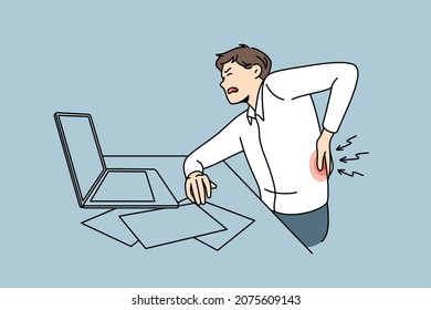 Feeling back pain in office concept. Irritated man office worker sitting at laptop touching back feeling pain vector illustration 