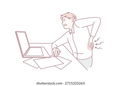 Sentir dolor de espalda en el concepto de oficina. Hombre irritado trabajador de oficina sentado en la computadora portátil tocando la espalda sintiendo dolor Ilustración vectorial